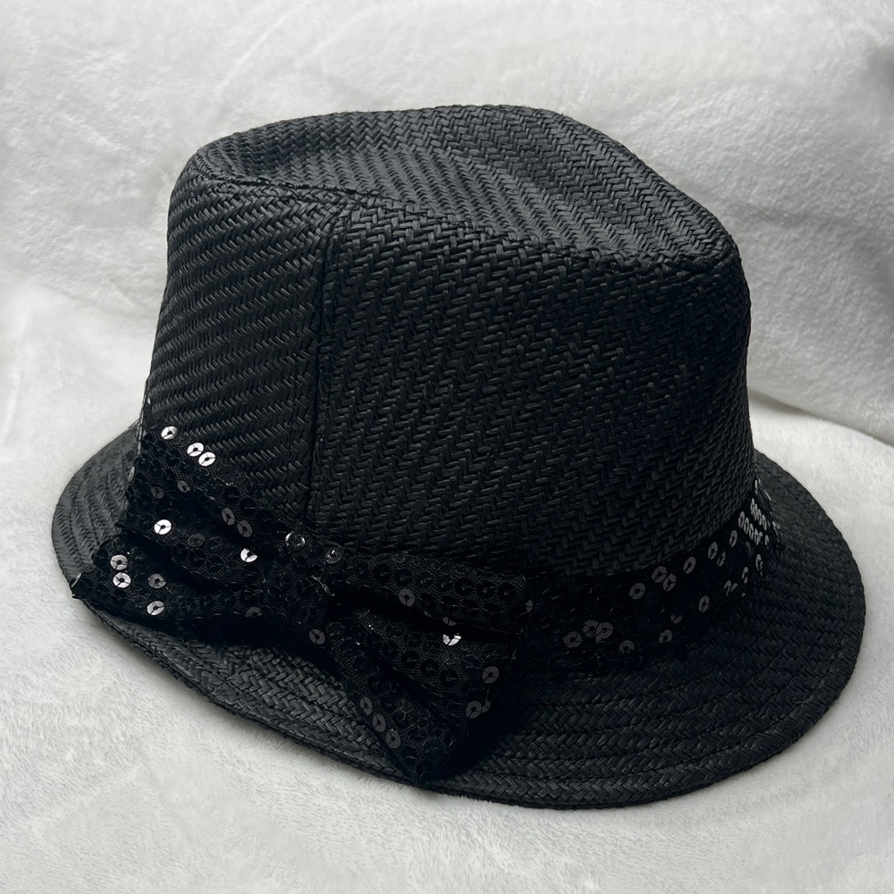 CANDIE’S Black Sequin Bow Fedora Hat